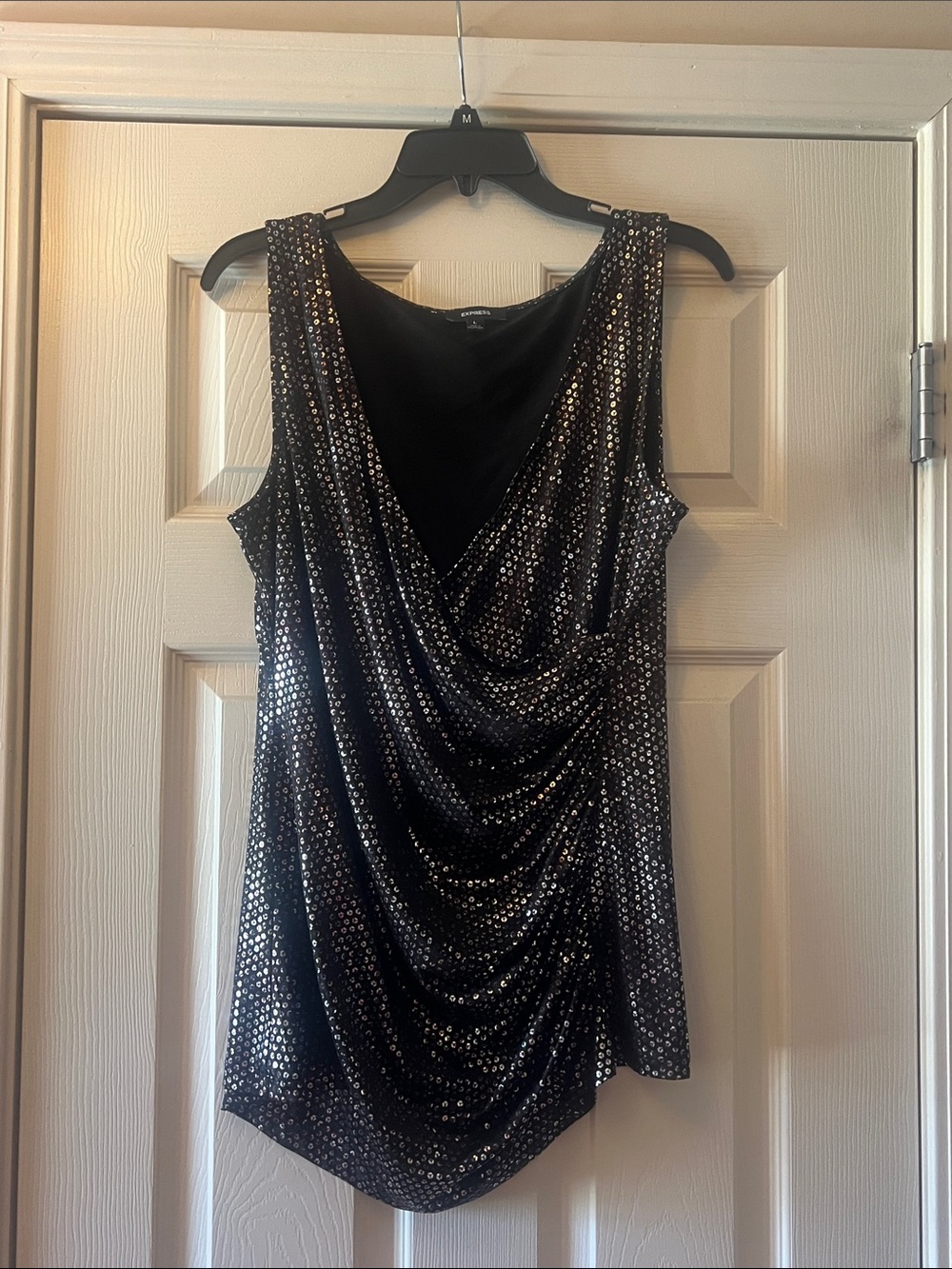 Express Black Sequin Asymmetrical Draped Tank